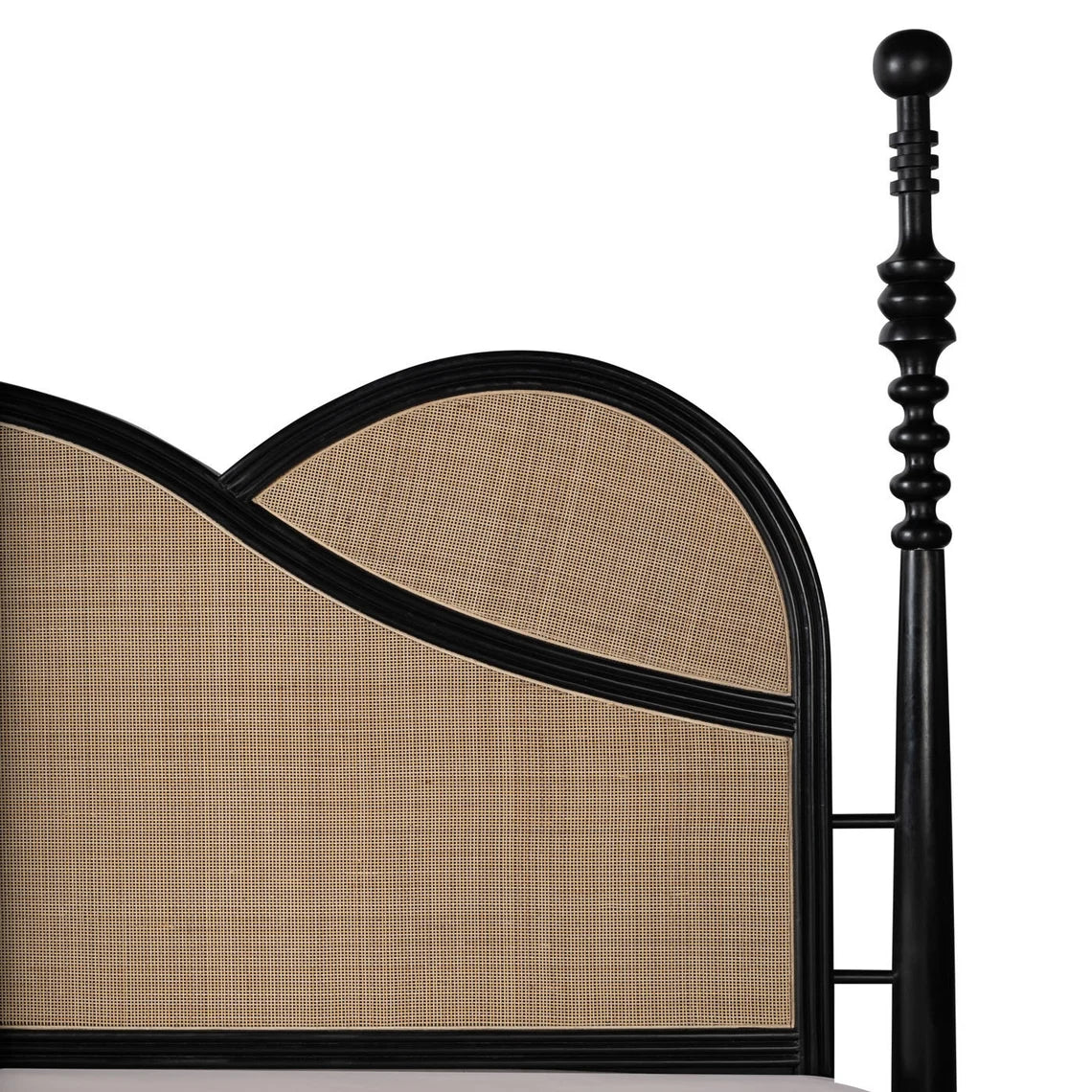 Solid Wood King Size Bed With Rattan Cane Design In Black Finish