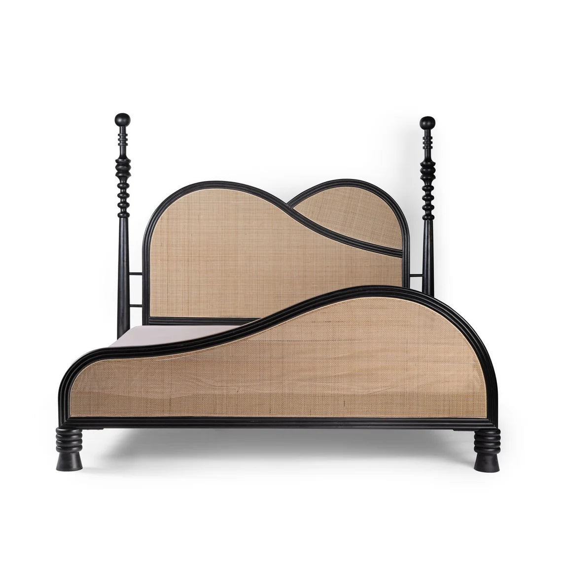 Solid Wood King Size Bed With Rattan Cane Design In Black Finish