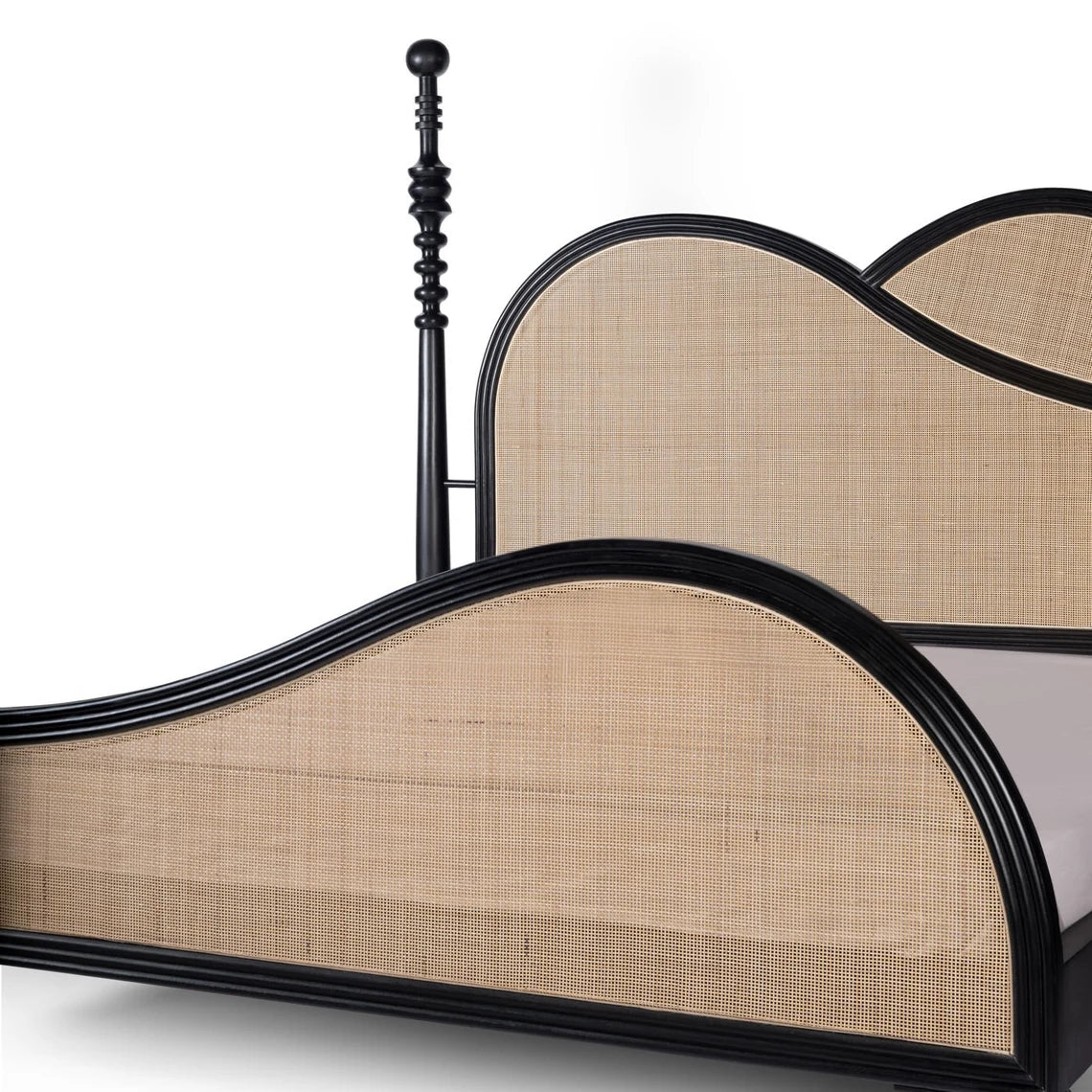 Solid Wood King Size Bed With Rattan Cane Design In Black Finish