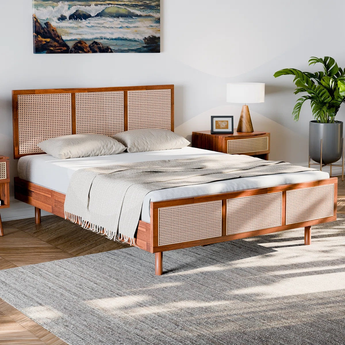 Solid Wood King Size Bed With Rattan Designed Headboard
