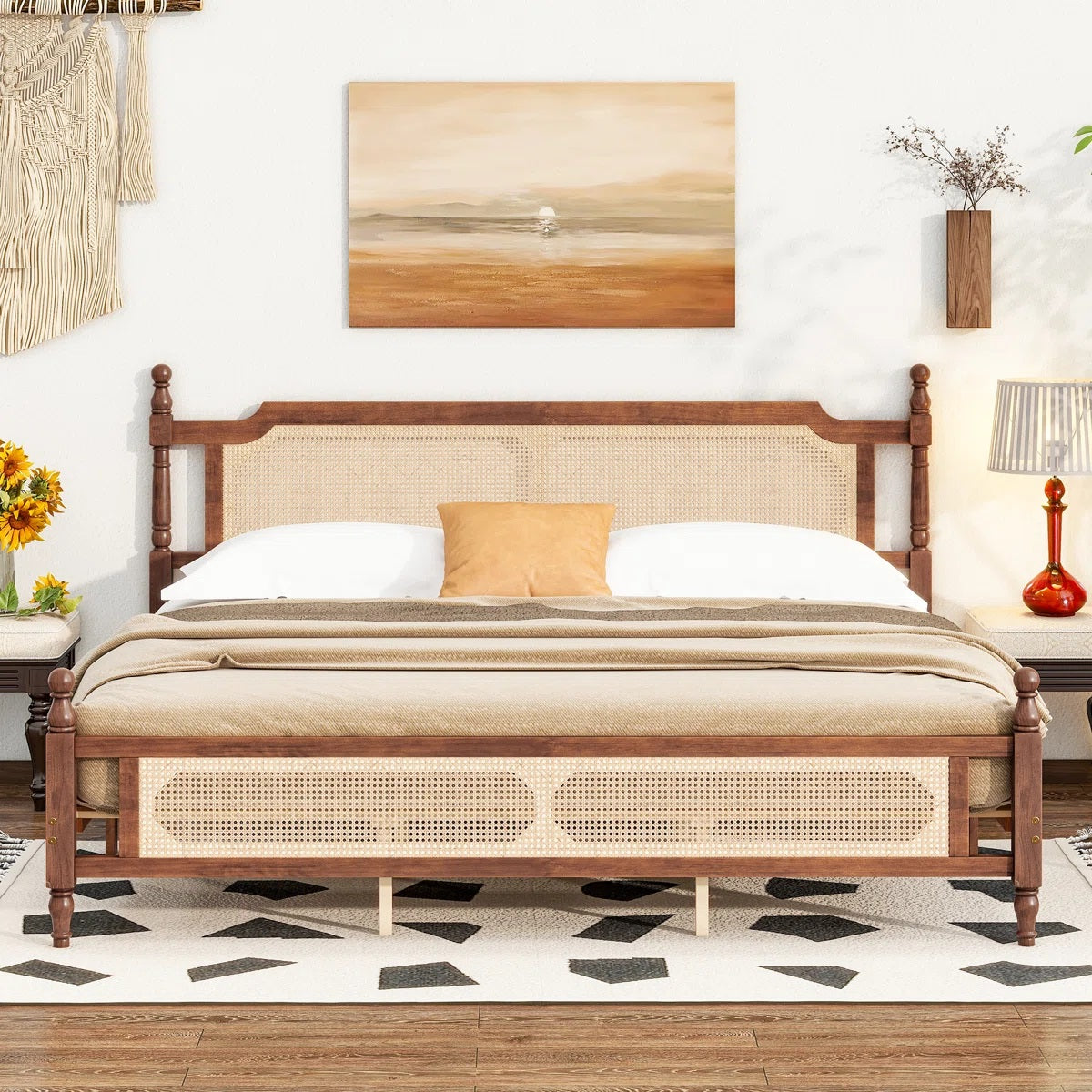 Solid Wood King Bed Cane Designed Headboard For Bedroom