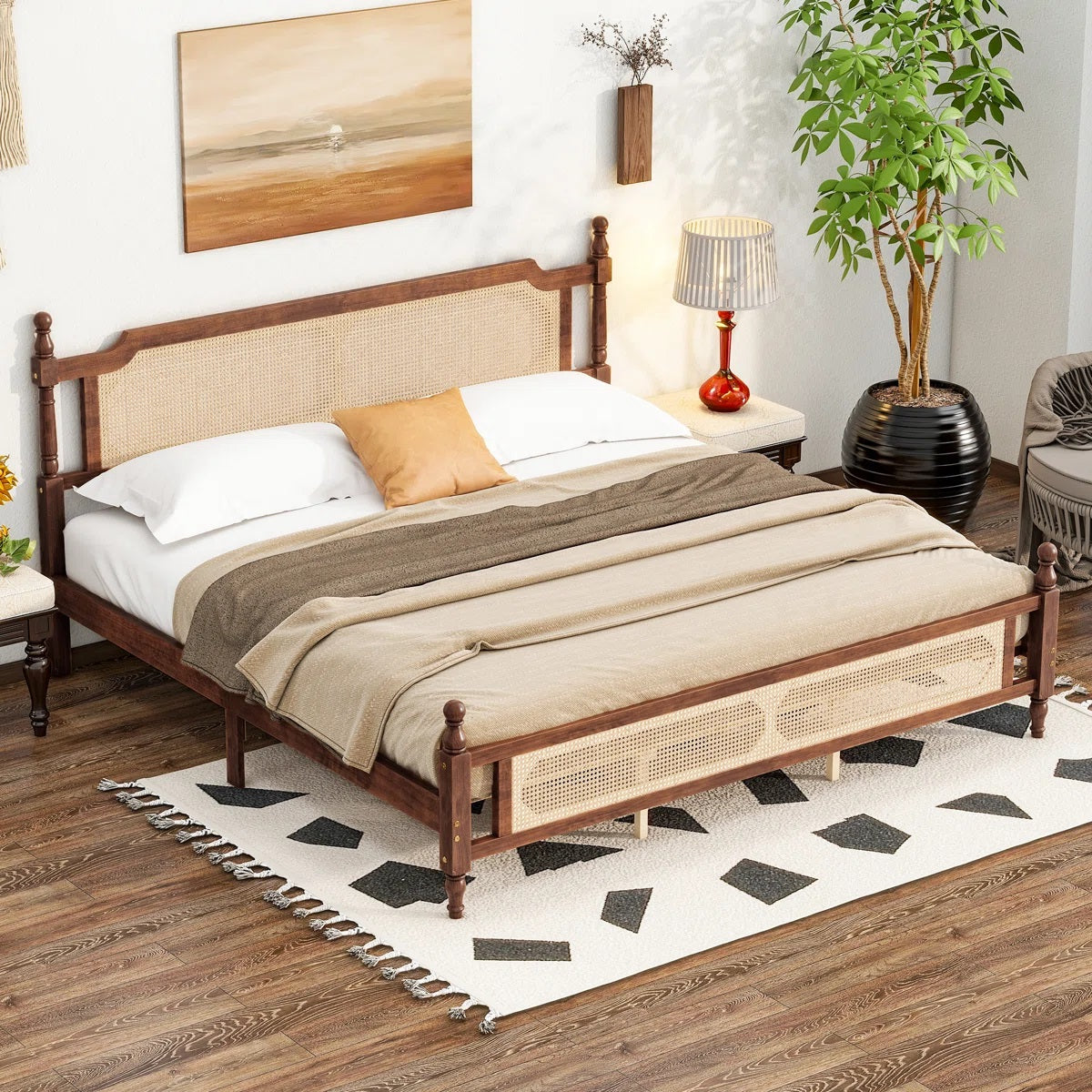 Solid Wood King Bed Cane Designed Headboard For Bedroom