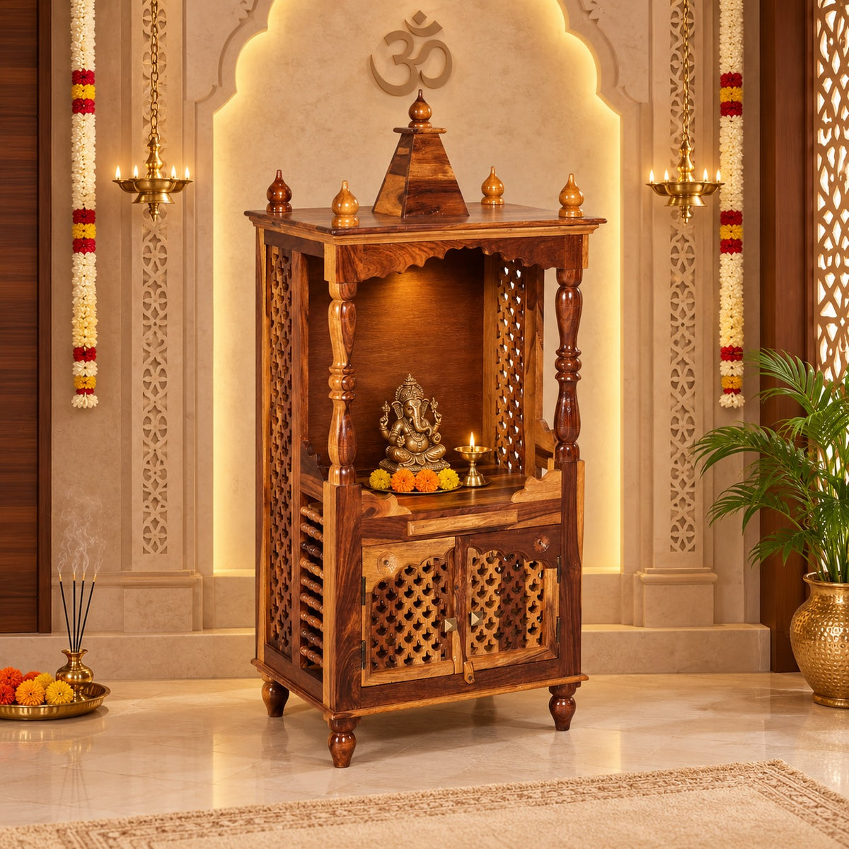Sheesham Wood Mandir With Door In Natural Finish