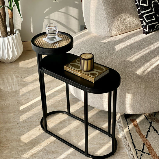 Charcoal Rattan Cane Side Table With Glass Top and Shelf – bohemian solid mango wood cane iron sofa side end two tier table office and living room