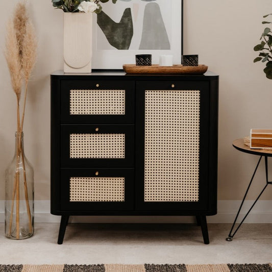 A modern teak wood sideboard with living room furniture