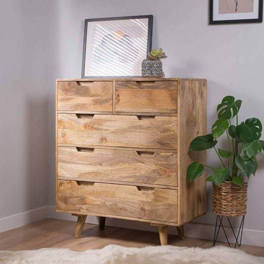 Solid Mango Wood 5 Drawer Chest Of Drawer for Living Room