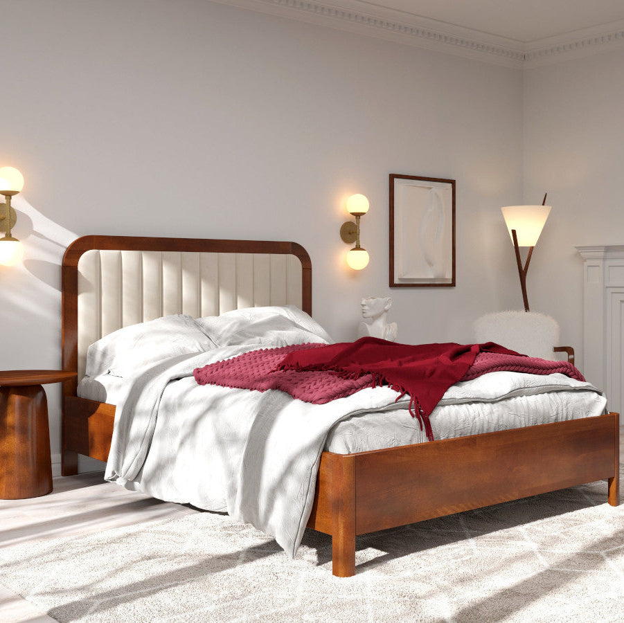 Solid wood King Size Bed With Upholstery Headboard In Brown Teak Finish