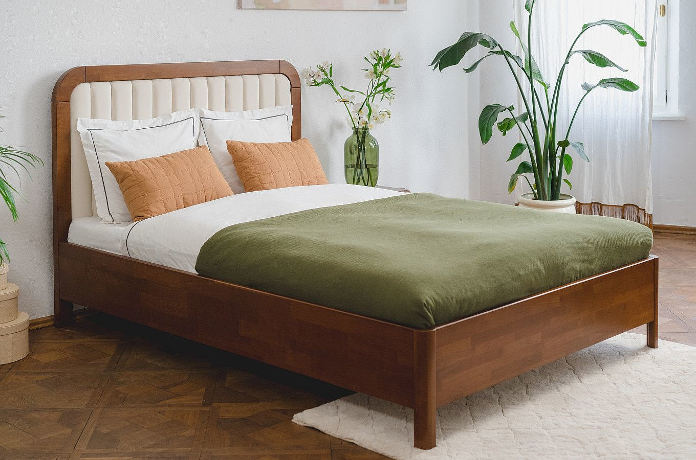 Solid wood King Size Bed With Upholstery Headboard In Brown Teak Finish