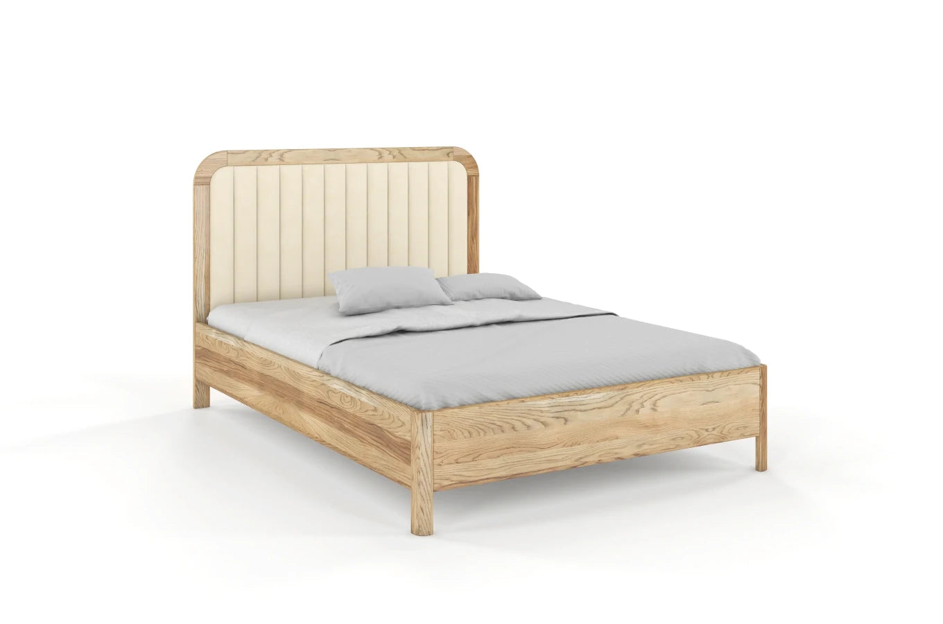 Solid wood King Size Bed With Upholstery Headboard In Neutral Teak Finish