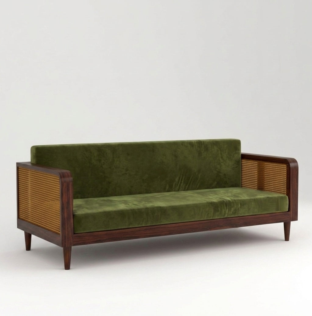 Solid Wood Sofa Set 3-Person Rattan Caning Sofa Home Furniture Living Room|Three Seater Sofa