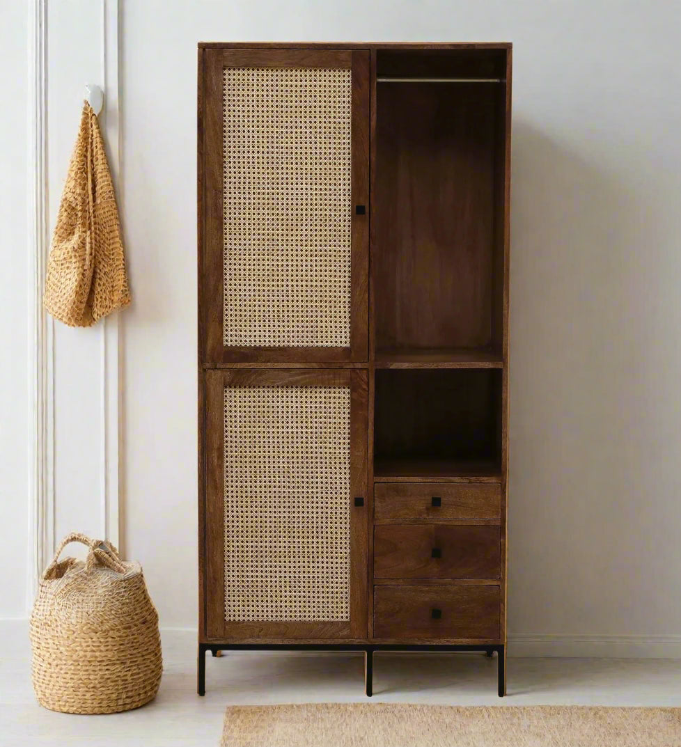 Baam Solid Wood Rattan Cane 2 Door Wardrobe In Neutral Teak Finish