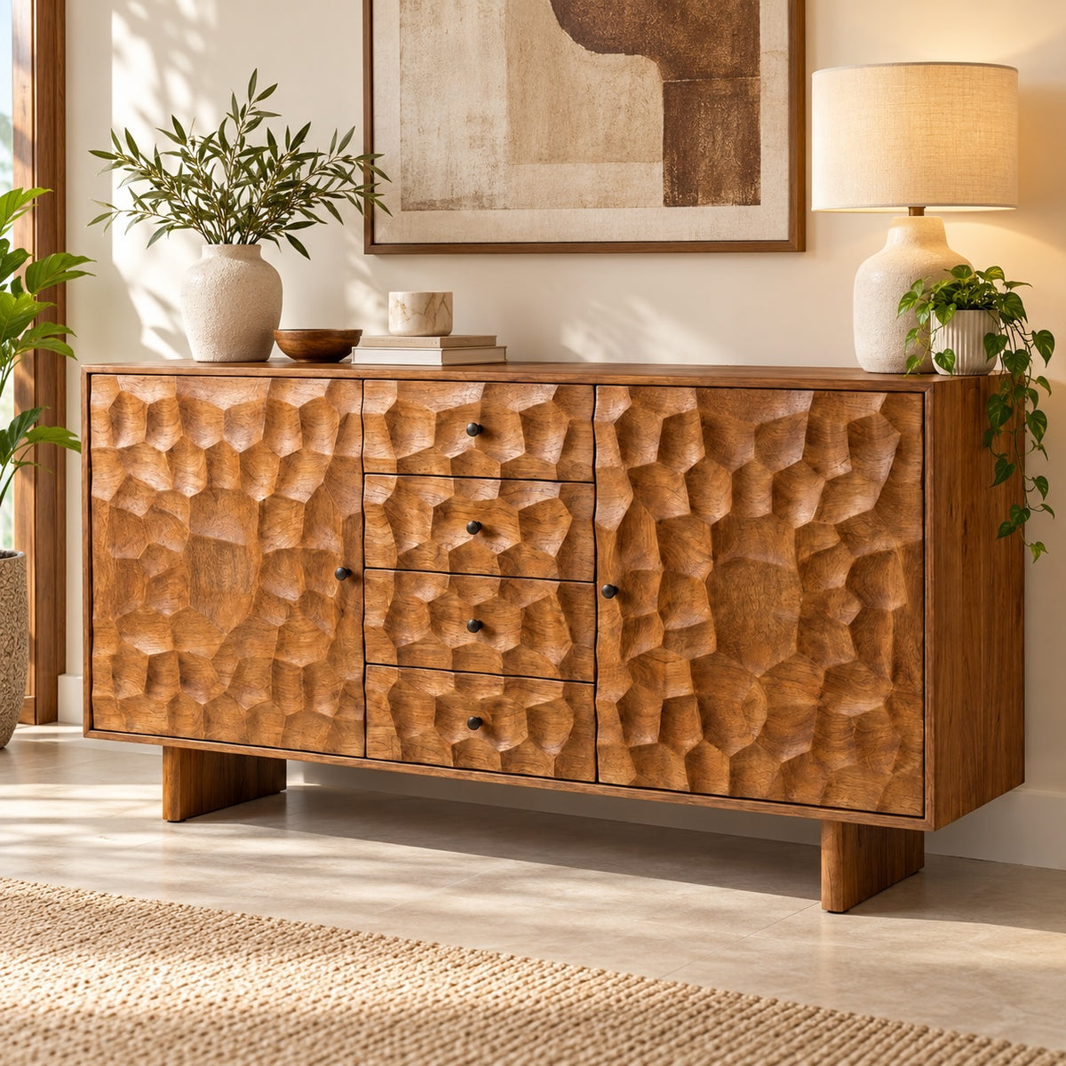 Tokshi Solid Wood 2 Door 4 Drawer Sidebaord Cabinet In Natural Finish