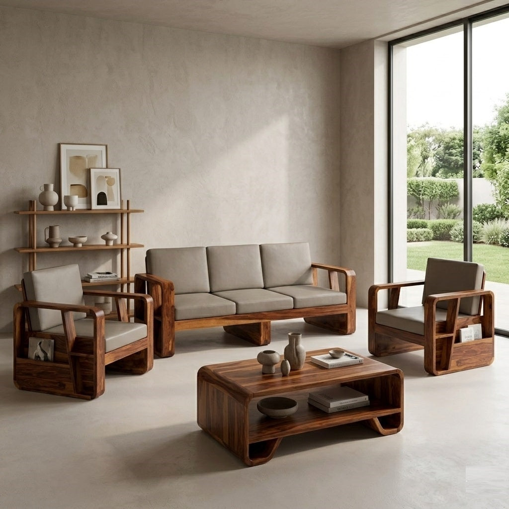 Wooden Sofa Set for Living Room and Office 5 Seater Natural Teak Finish