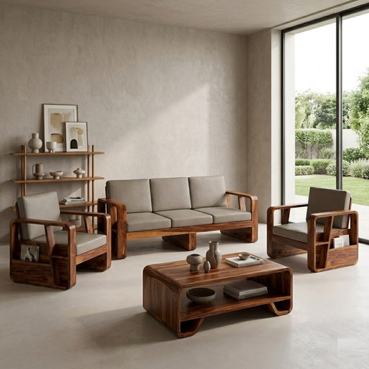 Wooden Sofa Set for Living Room and Office 5 Seater Natural Teak Finish