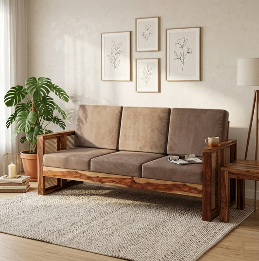 Solid Wood Sofa Set 3-Person Rattan Caning Sofa Home Furniture Living Room|3 Seater Sofa Set