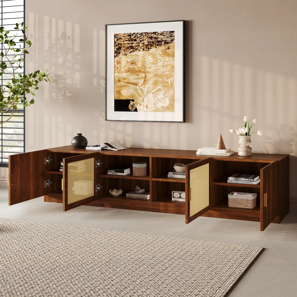 Solid Wood 4 Door Tv Cabinet In Teak Finish for living room