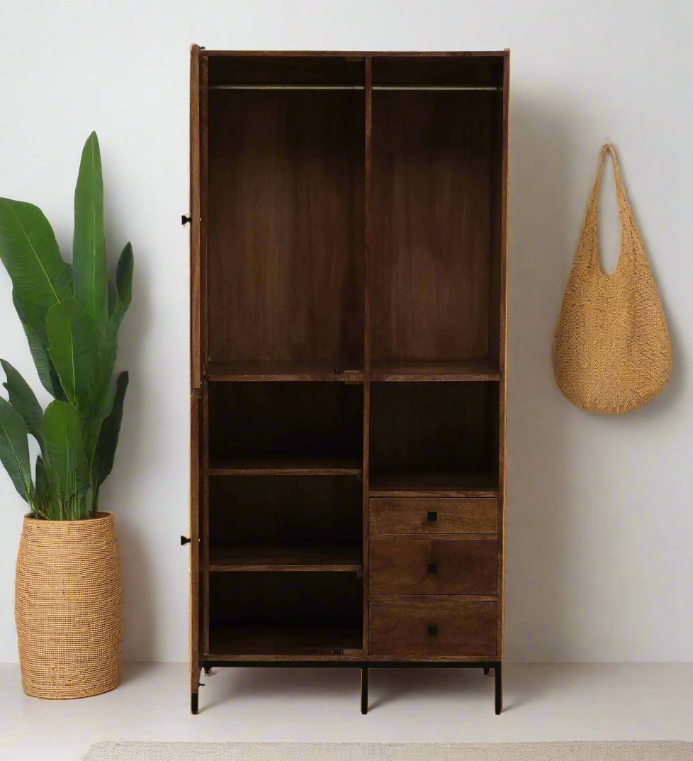 Baam Solid Wood Rattan Cane 2 Door Wardrobe In Neutral Teak Finish