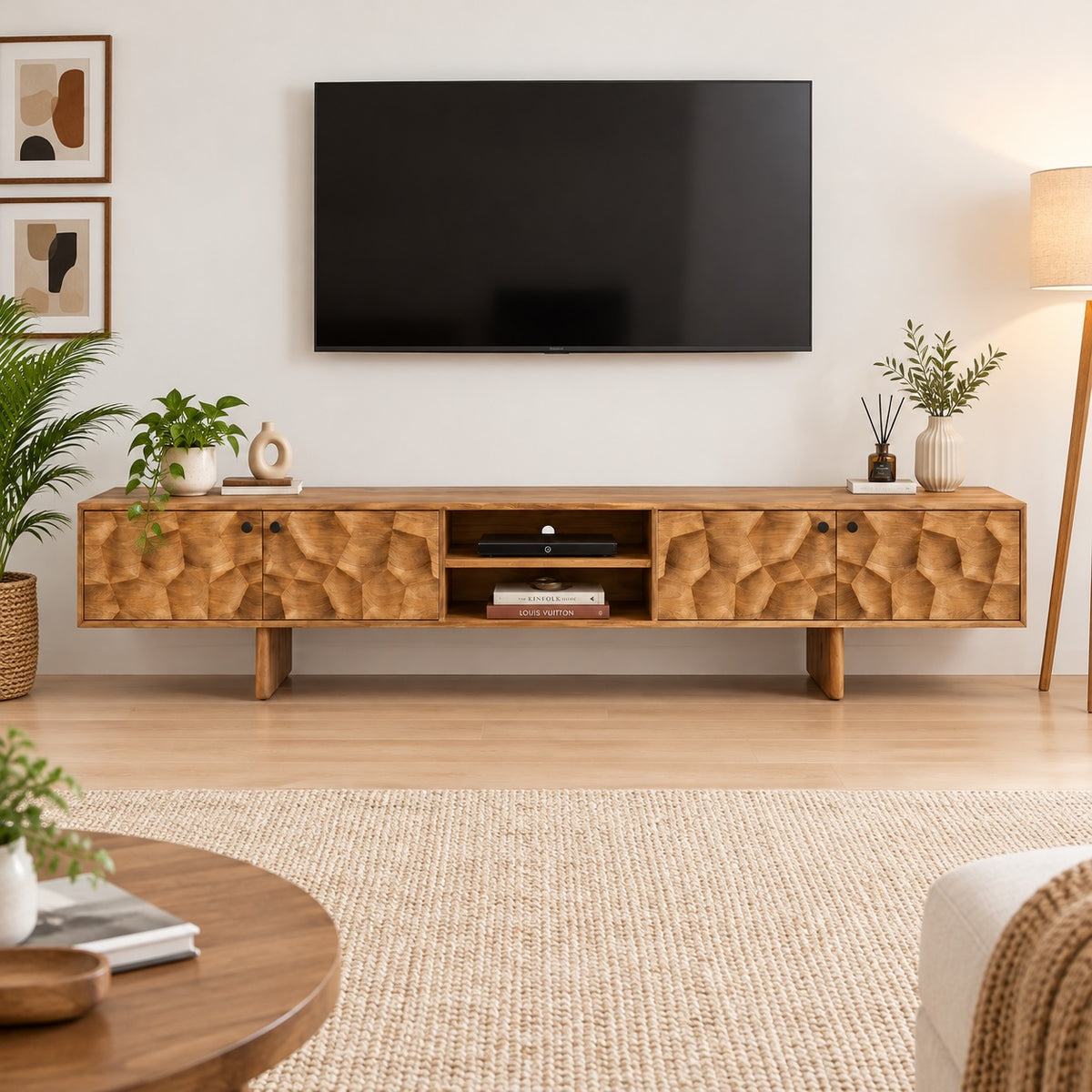 Tokshi Solid Wood 4 Door Tv Cabinet In Natural Finish