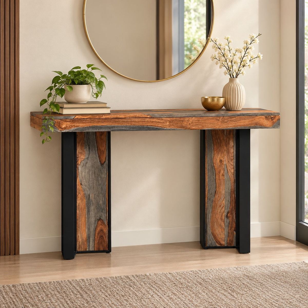 Roster Sheesham Wood Console Table With Natural Natural Gray Finish For Dining Room