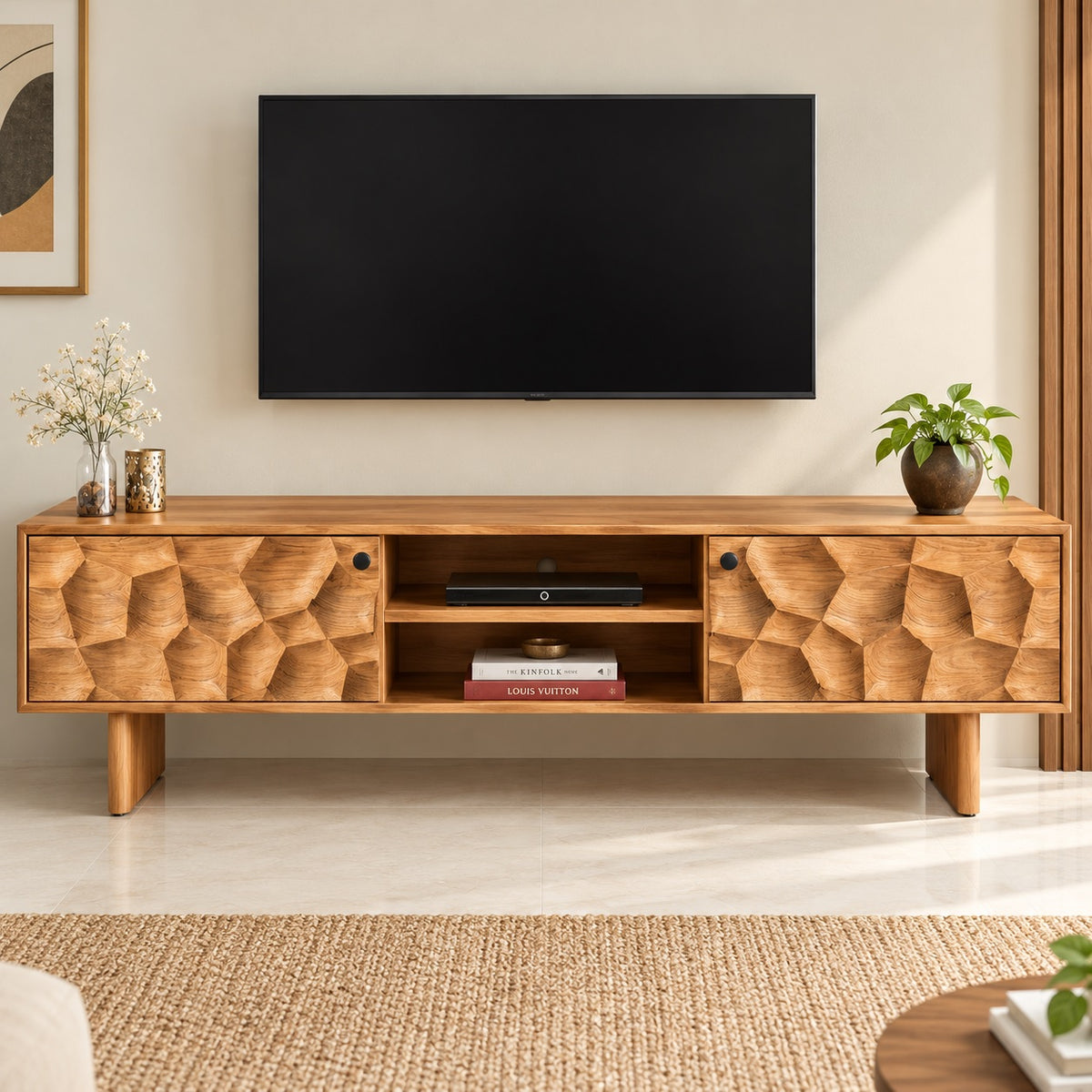 Tokshi Solid Wood 2 Door Tv Cabinet In Natural Finish