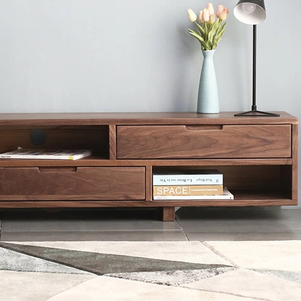 Sheesham Solid Wood 2 Door 2 Open Self 2 Drawer Tv Cabinet In Brown Teak Finish