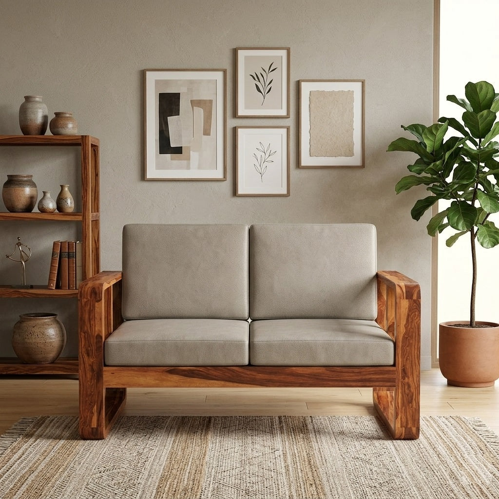 Wooden Sofa Set for Living Room and Office 2 Seater Natural Teak Finish