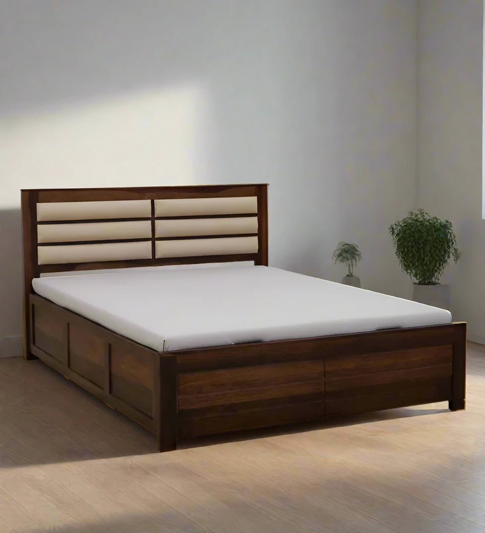 Demiwall Segur Sheesham Wood King Size Bed In Provincial Teak Finish With Padded Headboard Hydraulic Storage