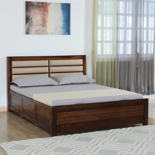 Demiwall Segur Sheesham Wood King Size Bed In Provincial Teak Finish With Padded Headboard Hydraulic Storage