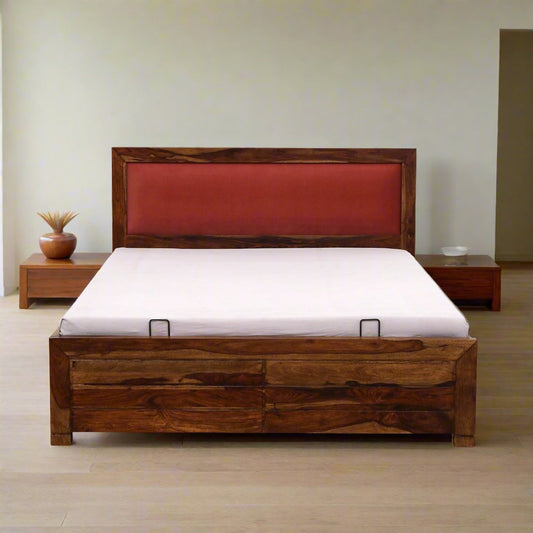 Demiwall Segur Sheesham Wood King & Queen Size Bed In Provincial Teak Finish With Hydraulic Storage