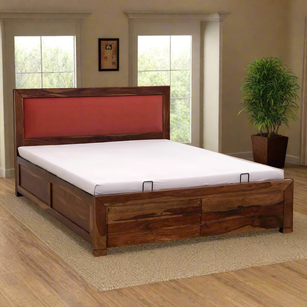 Demiwall Segur Sheesham Wood King & Queen Size Bed In Provincial Teak Finish With Hydraulic Storage