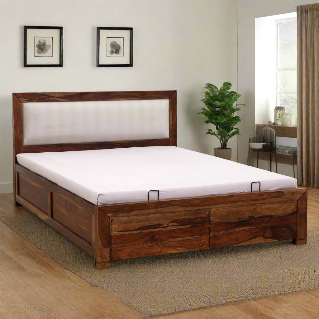 Demiwall Segur Sheesham Wood King & Queen Size Bed In Provincial Teak Finish With Hydraulic Storage