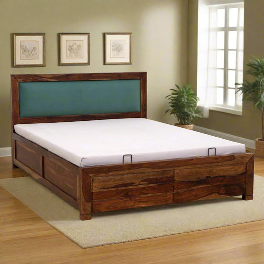 Demiwall Segur Sheesham Wood King & Queen Size Bed In Provincial Teak Finish With Hydraulic Storage