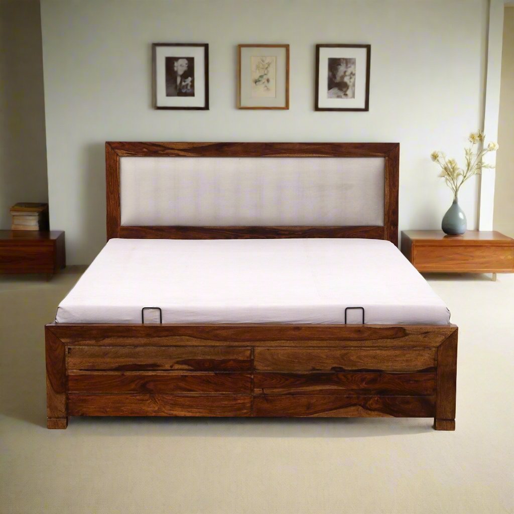 Demiwall Segur Sheesham Wood King & Queen Size Bed In Provincial Teak Finish With Hydraulic Storage