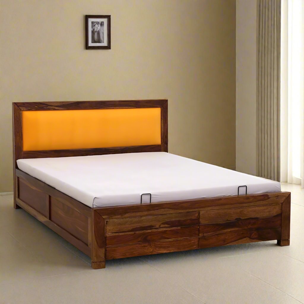 Demiwall Segur Sheesham Wood King & Queen Size Bed In Rustic Teak Finish With Storage Box