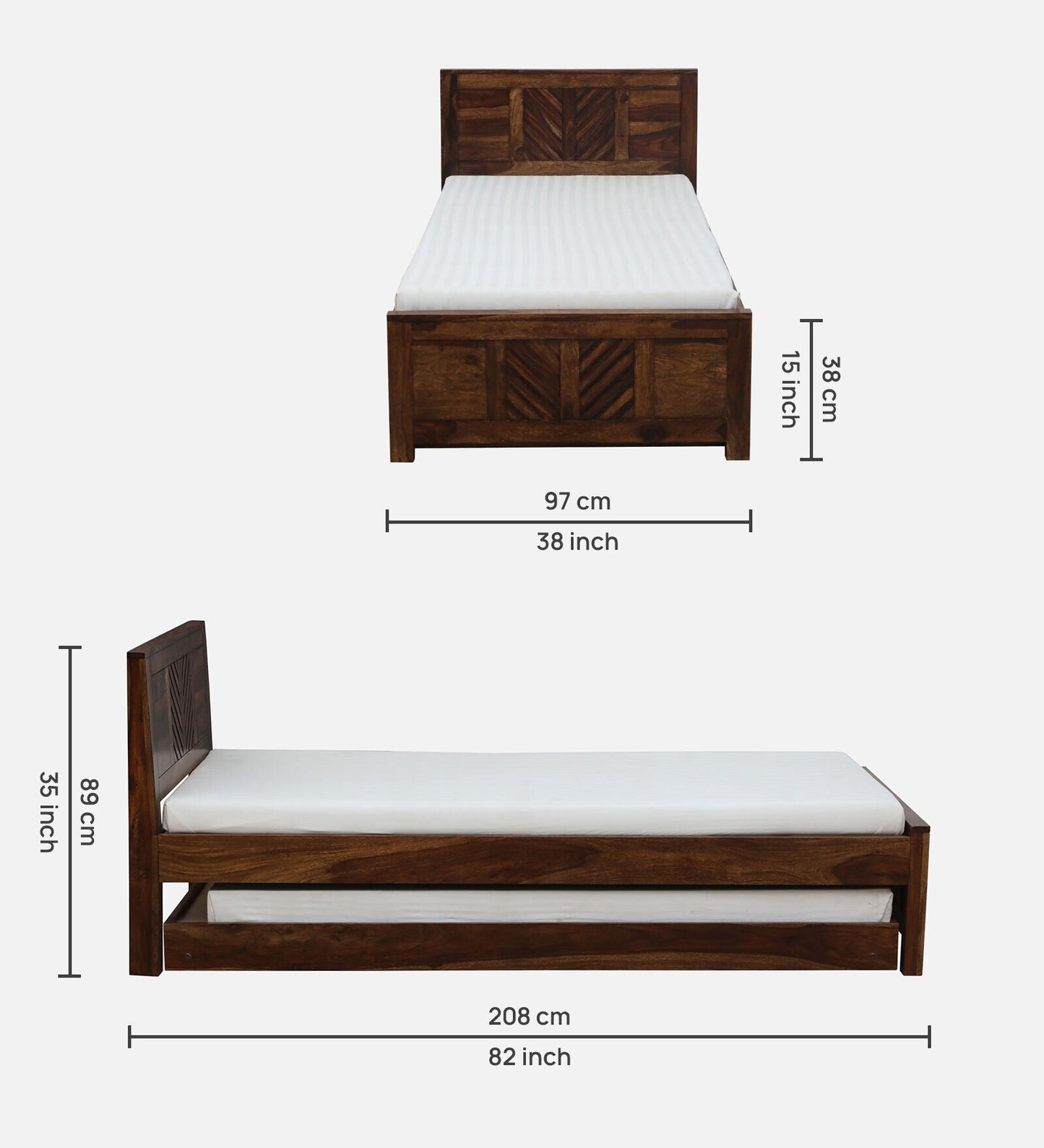 Sheesham Wood Single Bed In Provincial Teak Finish With Trundle