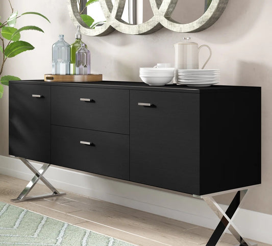 Solid Wood 2 Door 2 Drawer Cabinet | Storage Console | Sideboard Black Finish Iron Leg For Living Room