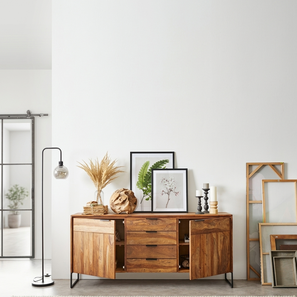 Sideboard with 4 drawers and two doors made of solid sheesham wood and iron