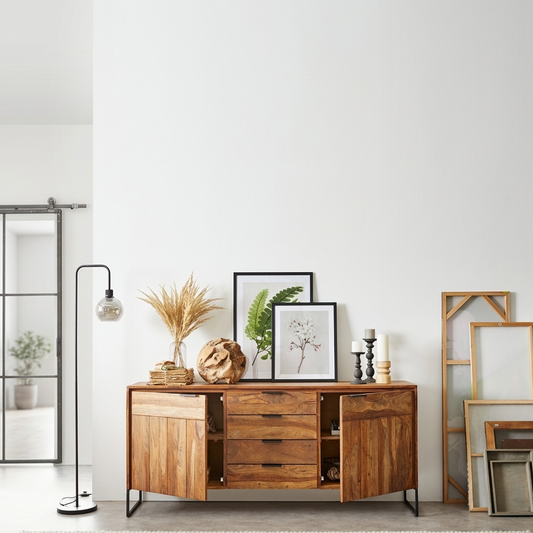 Sideboard with 4 drawers and two doors made of solid sheesham wood and iron