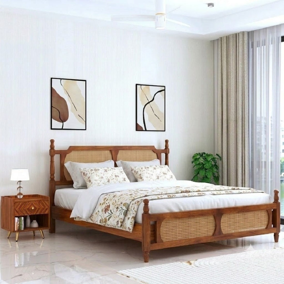 Solid Wood King Bed Cane Designed Headboard For Bedroom