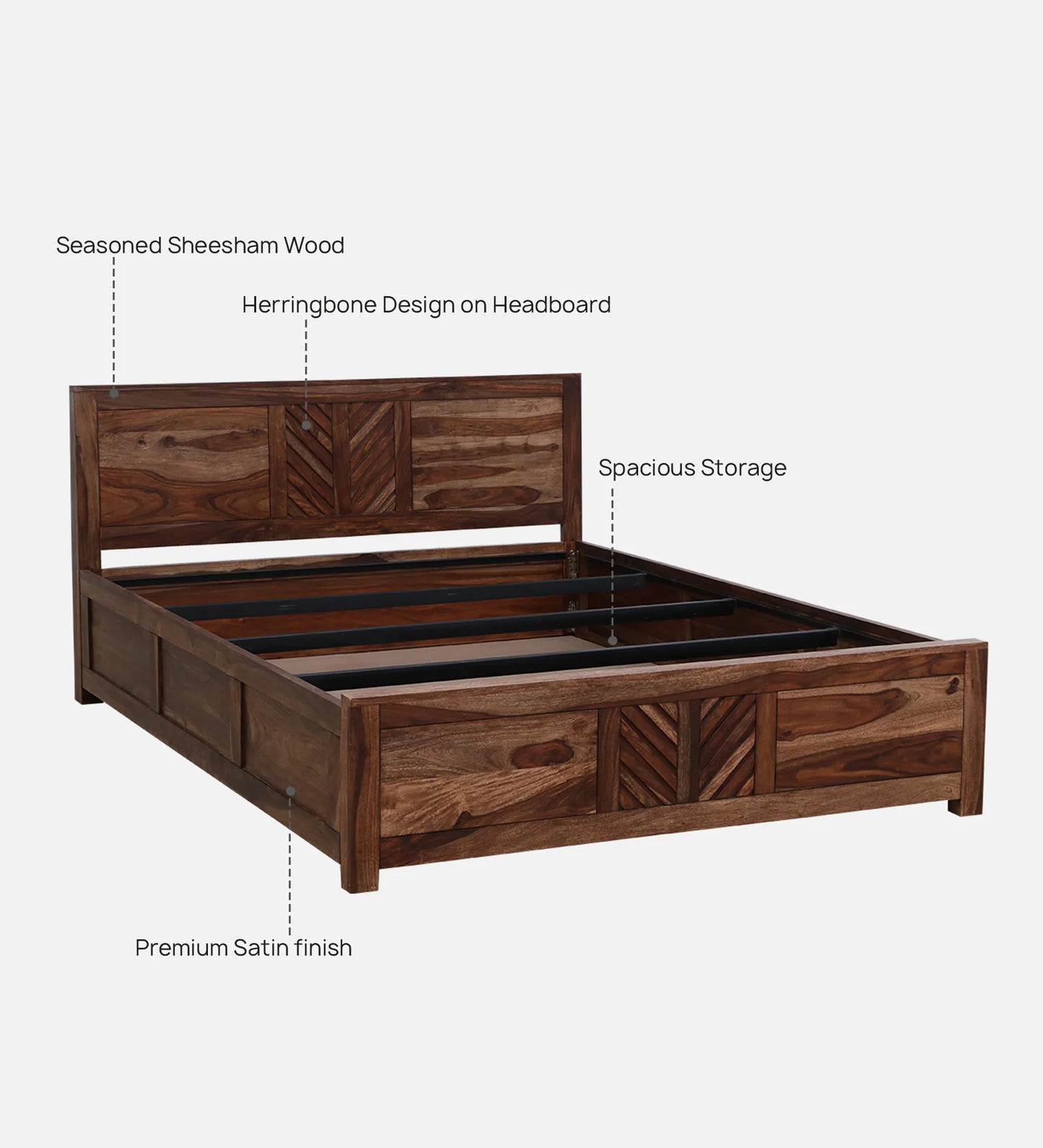 Demiwall Sheesham Wood King Size Bed In Rustic Teak Finish With Storage Box