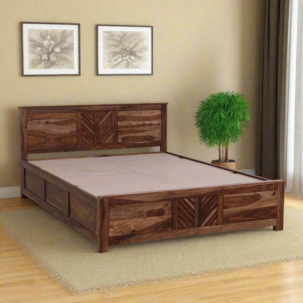 Demiwall Sheesham Wood King Size Bed In Rustic Teak Finish With Storage Box