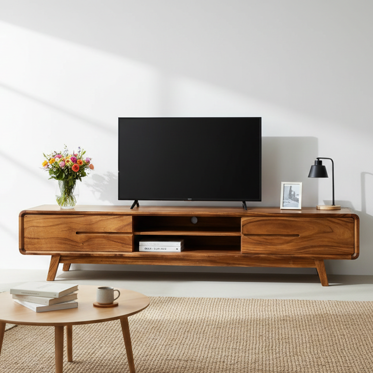 Modern living room with wooden TV stand, sofa, and coffee table.
