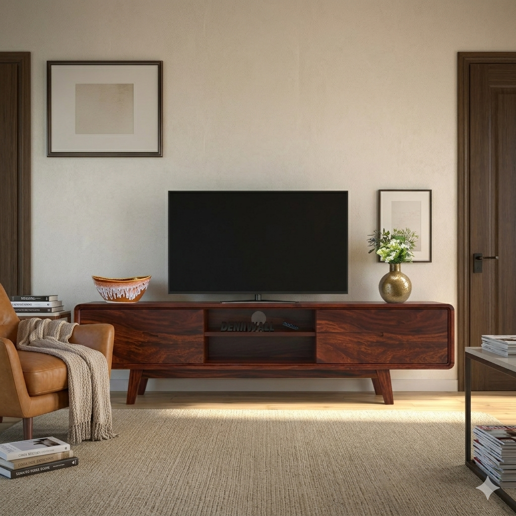 Eon Sheesham Wood Two Door Two Open Self Tv Cabinet In Honey Oak Finish