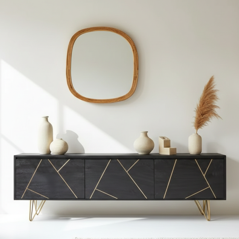 Modern black sideboard with geometric design in a minimalistic living room.