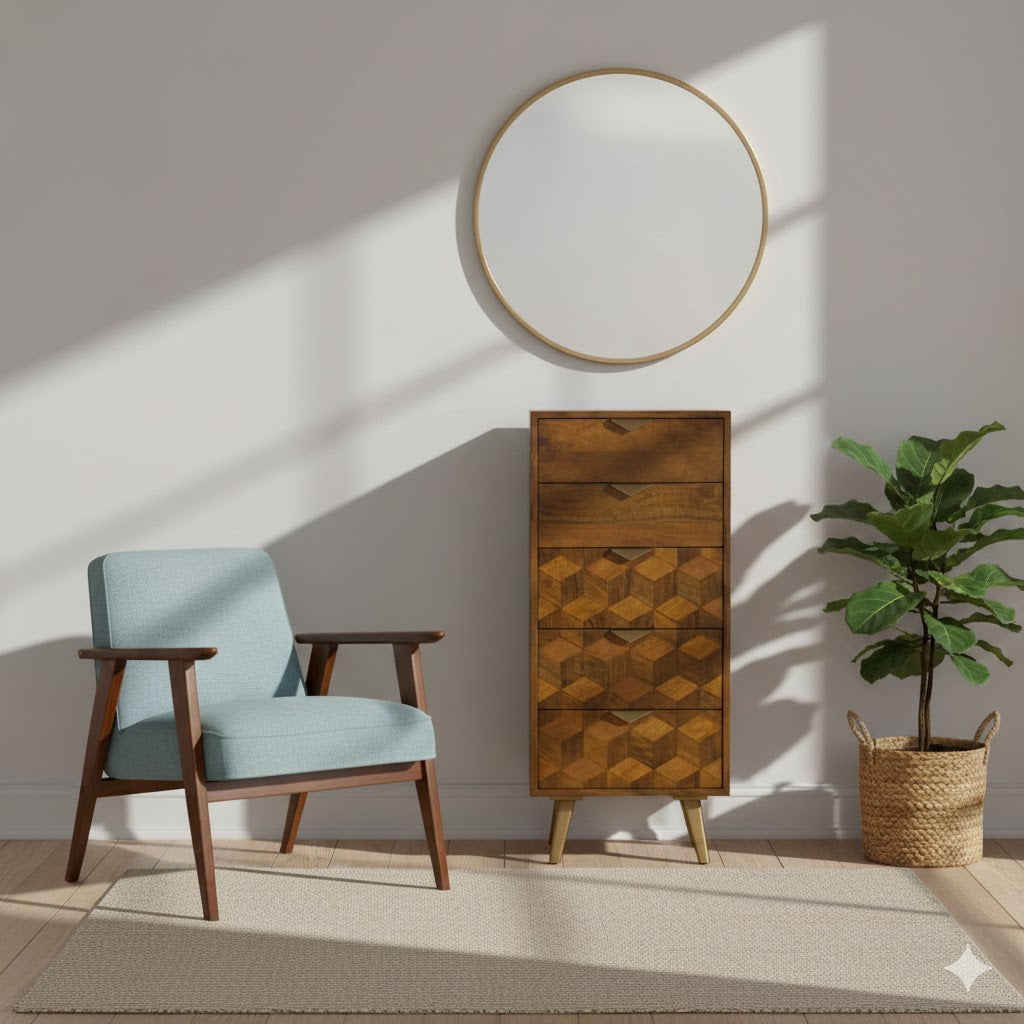 Modern interior with a light blue armchair, wooden cabinet, and potted plant.