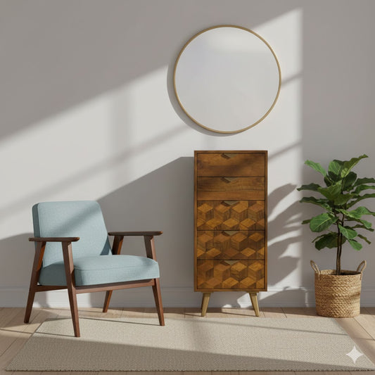 Modern interior with a light blue armchair, wooden cabinet, and potted plant.