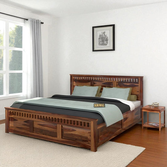 Sheesham Solid wood King Size Box Storage Bed In Neutral Teak Finish