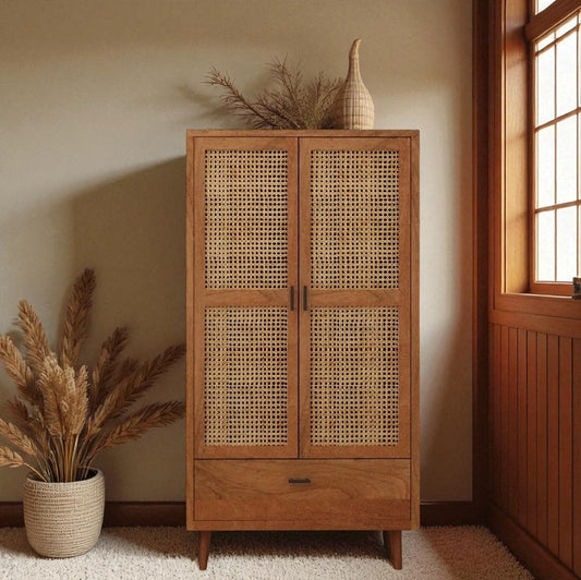 Solid Wood Rattan Cane Two Door Wardrobe In Neutral Teak Finish