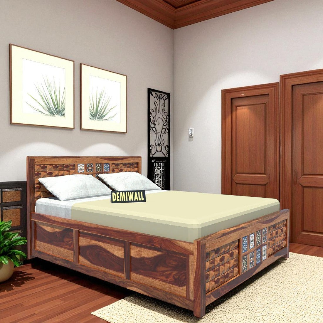 Royal Diamond Sheesham Wood King Size Box Storage Bed In Provincial Teak Finish