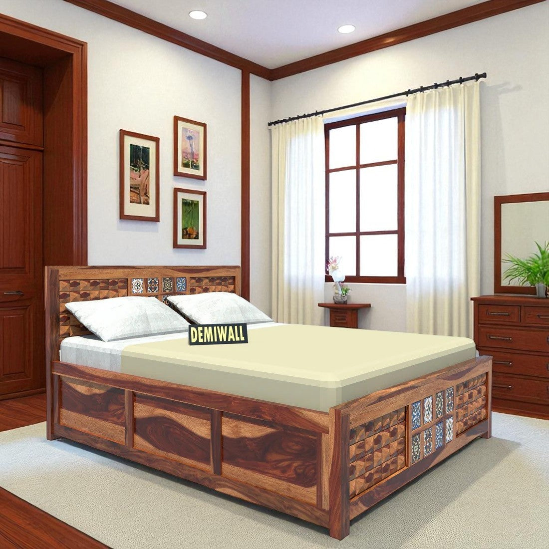 Royal Diamond Sheesham Wood King Size Box Storage Bed In Provincial Teak Finish